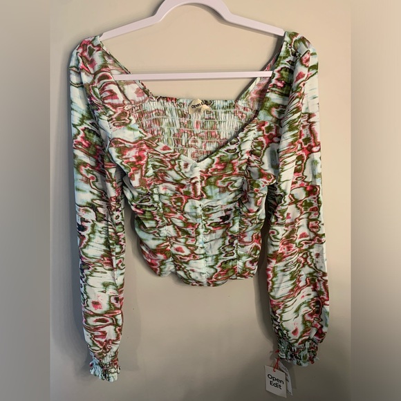 Open Edit Ruched Crop Top In Blue- Green Ripple - Picture 3 of 4